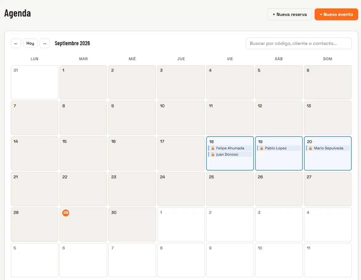 Agenda mensual de MiChefLab Eventos con reservas
