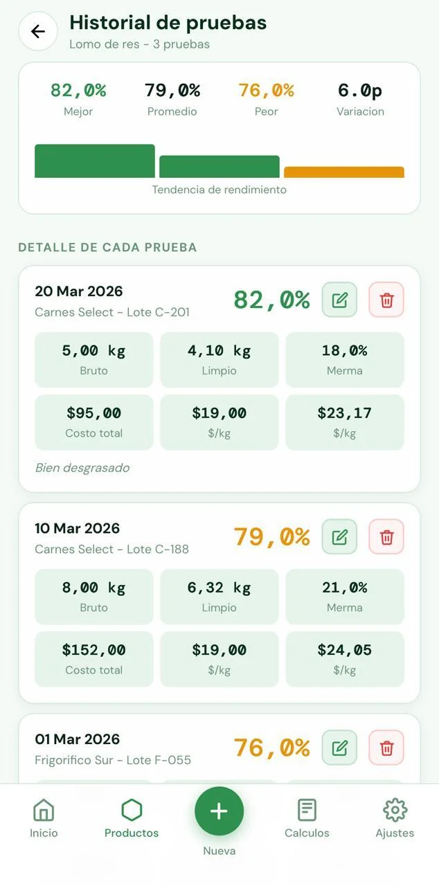 Historial de pruebas con mejor, promedio y peor rendimiento
